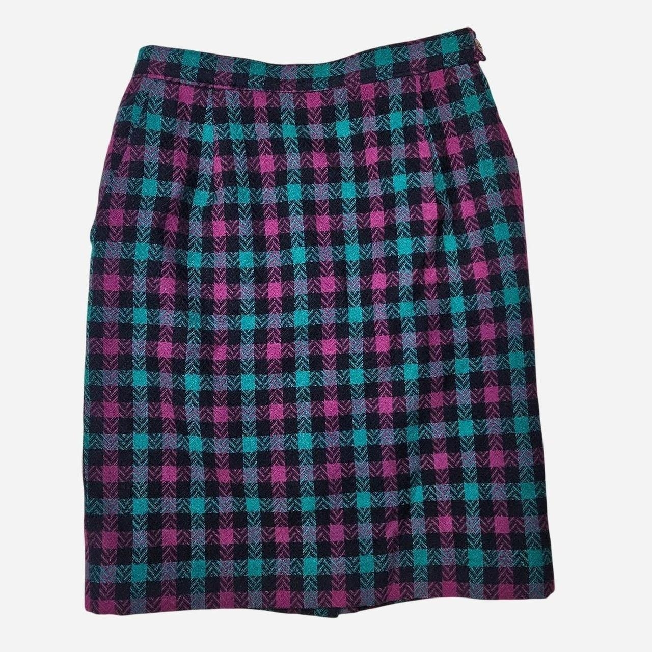 Pendleton Petites 6 Wool Teal & Purple Plaid Pencil Skirt With Button Accent